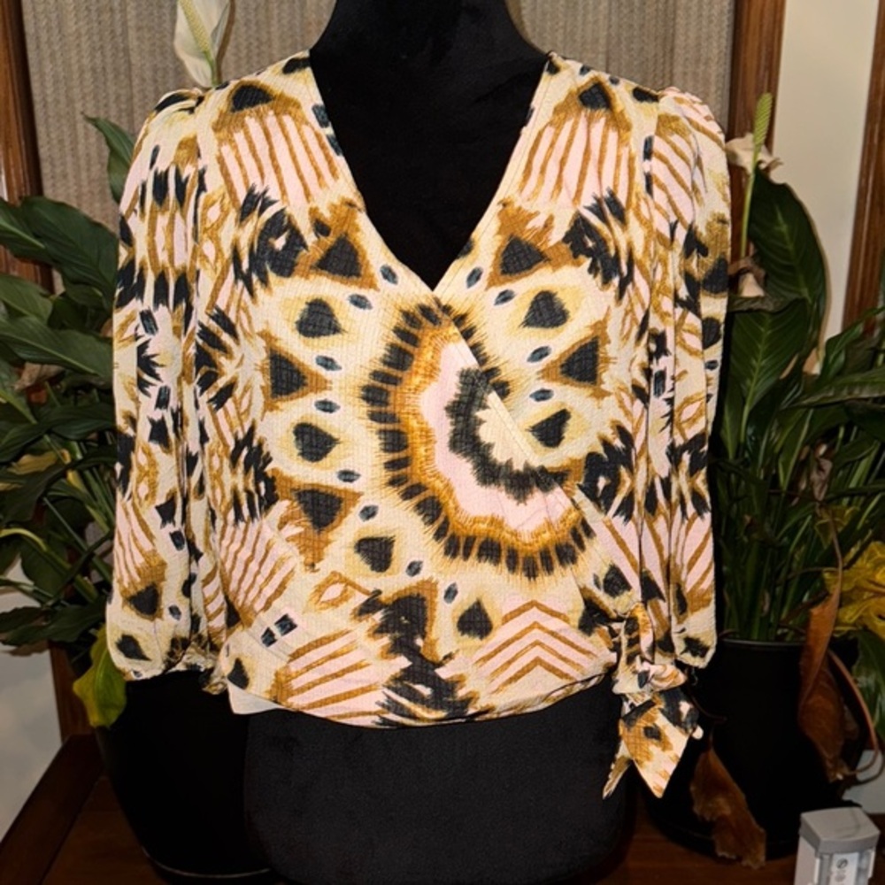 Rachel Zoe Yellow Black Tie Front 3/4 Sleeve Blouse